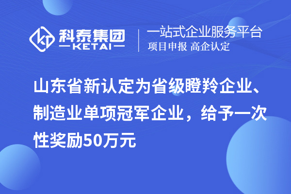 山東省新認定為省級瞪羚企業、制造業單項冠軍企業，給予一次性獎勵 50 萬元