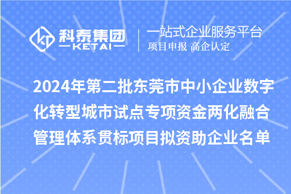 2024年第二批東莞市中小企業數字化轉型城市試點專項資金兩化融合管理體系貫標項目擬資助企業名單的公示