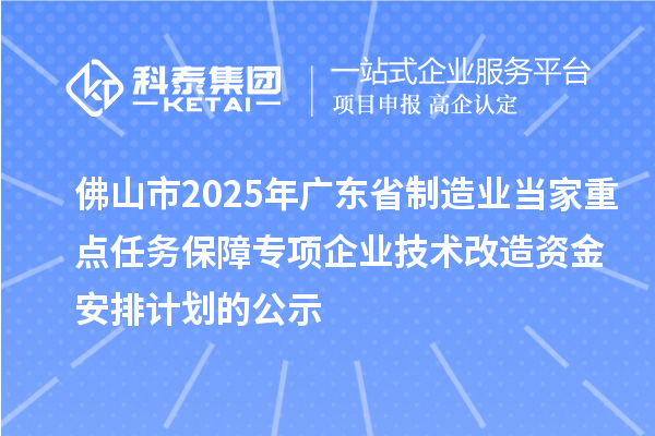 佛山市2025年廣東省制造業當家重點任務保障專項企業技術改造資金安排計劃的公示