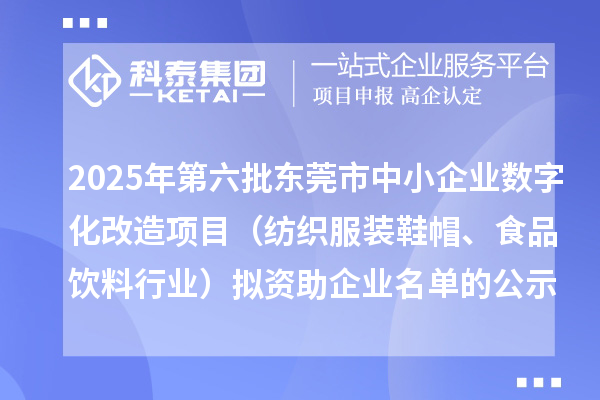2025年第六批東莞市數字化轉型城市試點專項資金中小企業數字化改造項目（紡織服裝鞋帽、食品飲料行業）擬資助企業名單的公示