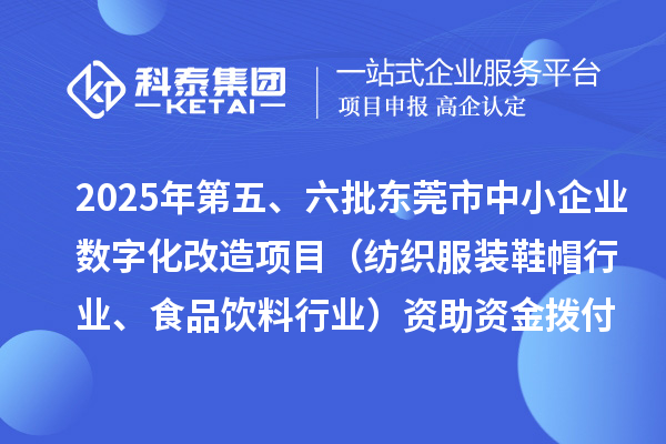 2025年第五、六批東莞市中小企業數字化改造項目（紡織服裝鞋帽行業、食品飲料行業）資助資金撥付